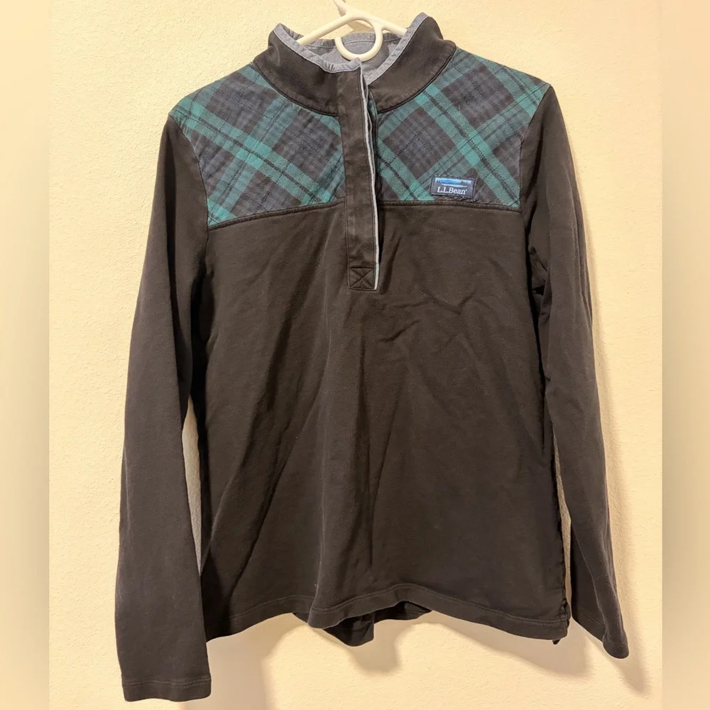 L.L. Bean Black Quilted Henley Pullover Black Watch Plaid Yoke Large - Picture 1 of 8
